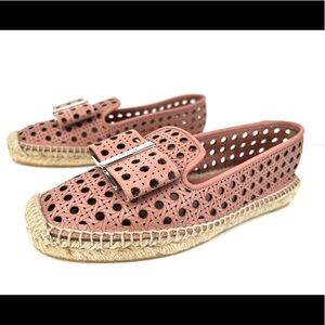SALVATORE FERRAGAMO Sannio Bow Laser Cut Leather Flat Espadrilles Size 4.5